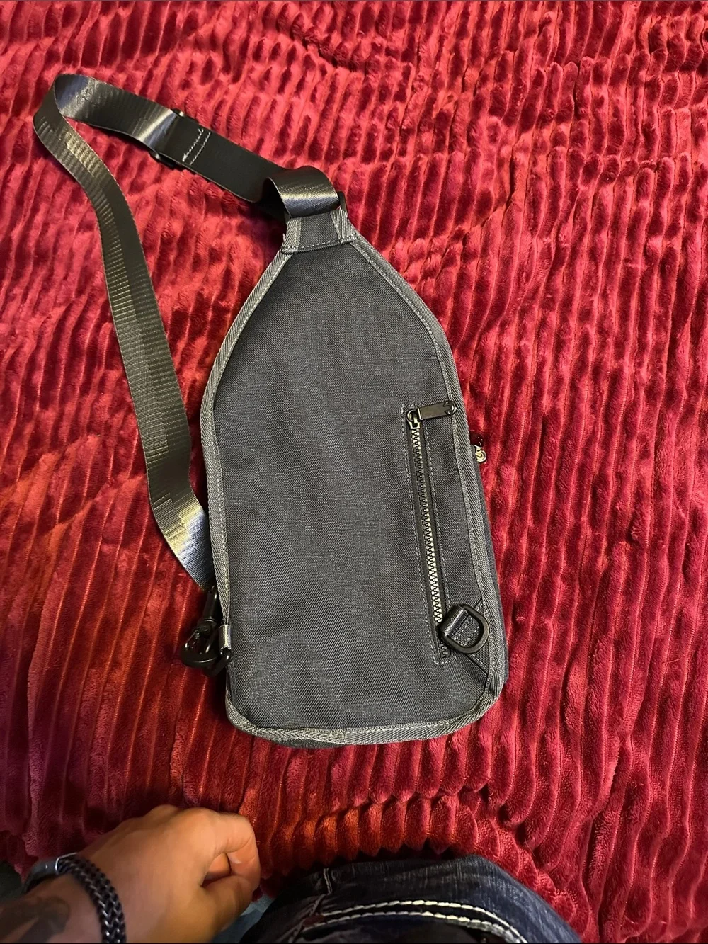 True Religion Black Sling Crossbody Bag with Silver Strap